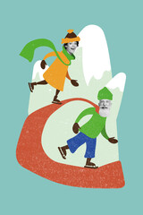 Collage 3d image of pinup pop retro sketch of funky smiling lady senior guy enjoying xmas entertainments isolated painting background