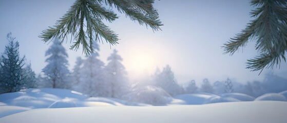 Christmas landscape with snow and fir tree. copy space