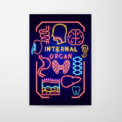 Internal Organ Neon Flyer. Vector Illustration of Medical Human Health Objects.
