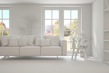 Stylish room in white color with sofa and autumn landscape in window. Scandinavian interior design. 3D illustration