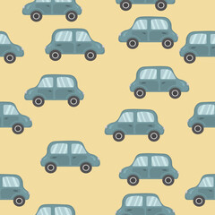 Seamless pattern with blue cars on a yellow background. Illustration for children's diaries and banners for toy stores.