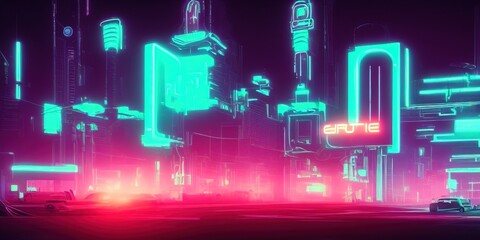 Retro futuristic abstract cityscape in blue, pink and violet colors. Creative concept. Future city. Cyberpunk wallpaper. 3D illustration.