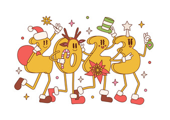 Happy New Year 2023 sublimation concept. Numbers 2023 mascots with Santa Claus hat, reindeerdeer antlers, xmas tree star and cylinder in trendy 50s retro cartoon style. Vector greeting card, poster.