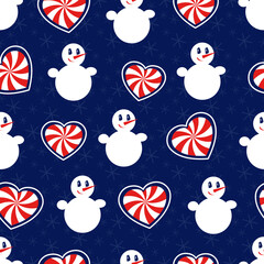 Snowman. Seamless vector pattern with stylized snowmen and heart-shaped candy canes. Winter pattern - 546294128