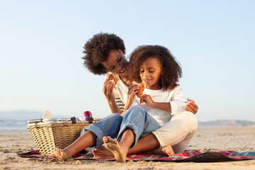 Merry African American family on picnic on beach. Mother and daughter in casual clothes sitting on...