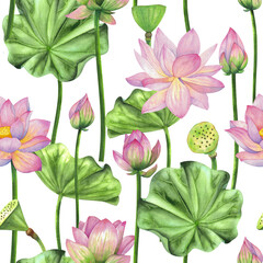 Seamless pattern with pink lotus flowers and leaves.