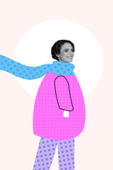 Vertical collage image of positive cheerful girl black white colors painted warm clothes isolated on creative background