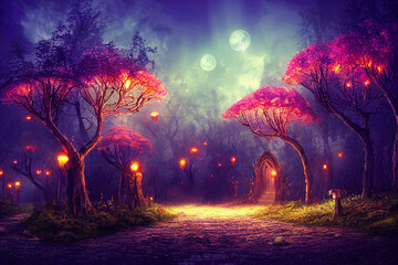 Fantasy night forest landscape with moon, lantern and fireflies aurora. Digital artwork.