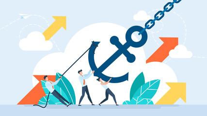 The business team is trying to hold the anchor. Business problems. People and anchor with chain. Concept of docking or mooring, anchorage, marine transport. Flat illustration for poster, banner