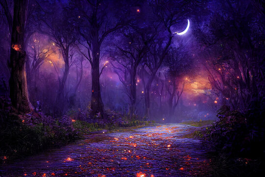 Beautiful detailed gothic fantasy fireflies forest trees, 3d rendering, digital illustration.