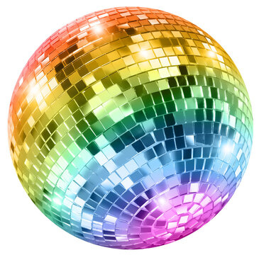 Shiny disco mirror ball reflect rainbow colors isolated