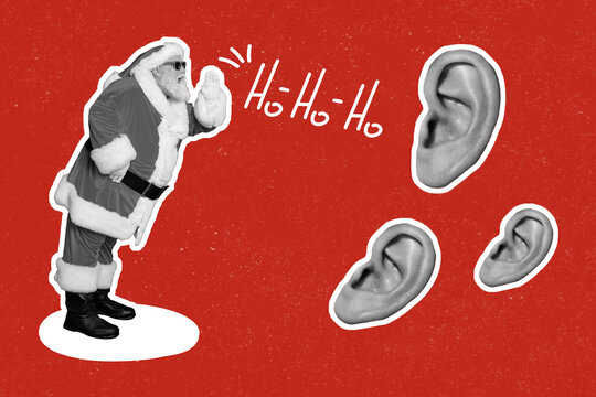 Creative collage picture of mini aged santa black white gamma say tell ho-ho-ho big ears listen isolated on red background - Powered by Adobe