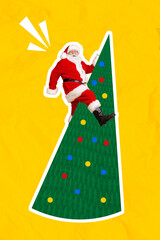 Vertical creative collage of excited funky grandfather santa climb newyear decorated tree isolated on yellow background