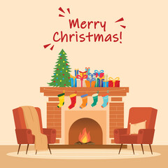 Square Christmas card view living room with fire space with Christmas tree and gift present and socks. Vector illustation.