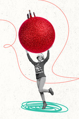 Vertical collage image of positive girl black white gamma arms hold huge xmas tree bauble toy...