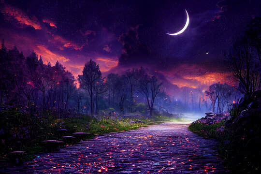 Fantasy landscape with moon and clouds. Artwork.