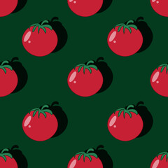 Seamless pattern with tomato on green background. Print for fabric and kitchen wallpaper.