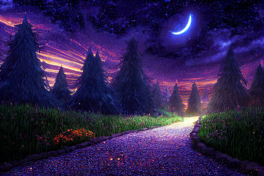 Fantasy night landscape with forest. 3d rendering, digital illustration.