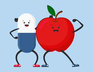 Cute cartoon pill capsule and apple with kawaii face showing biceps. Vector illustration