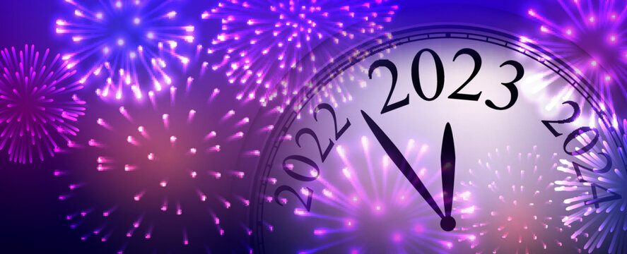 Christmas banner with clock showing 2023, blue and purple firework.