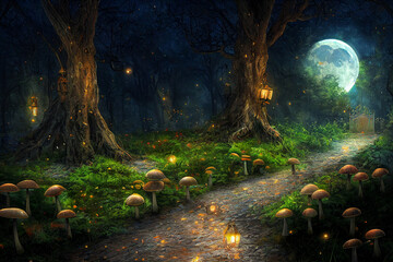 Fantasy forest digital illustration with fireflies and Moonlight.