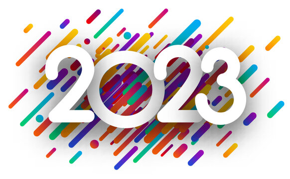 White paper 2023 sign on colorful brush strokes background.