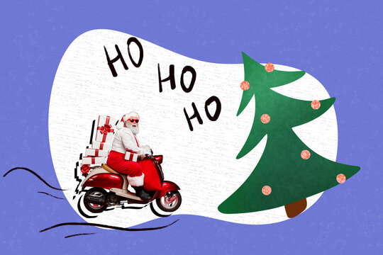Creative photo collage illustration of funny positive excited optimistic santa driving scooter deliver presents on blue color background