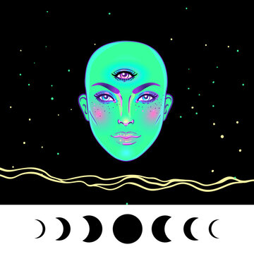 Portrait of robot android woman in retro futurism style. Vector illustration of a cyborg in glowing neon bright colors. futuristic synth wave flyer template. Cyber technology.