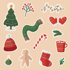 Collection of Christmas decorations, holiday gifts, winter knitted woolen clothes, ginger bread, trees, gifts. Colorful vector illustration in flat cartoon style