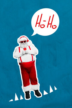Vertical creative collage of funky aged santa claus wear sunglass use telephone typing chatting ho-ho isolated on painted background
