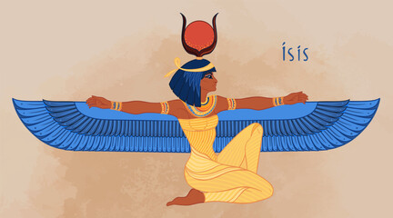 Isis, goddess of life and magic in Egyptian mythology. One of the greatest goddesses of Ancient Egypt, protects women, children, heals sick. Vector illustration over aged background. Winged woman. - obrazy, fototapety, plakaty