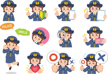 警察官の女性バリエーション　初心者マーク　スマートフォン　タブレット　虫眼鏡　クレジットカード