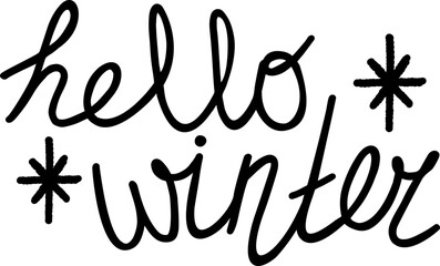 Hello winter black hand drawn text isolated on white background. Vector art