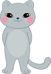 Cute shy grey cat with pink cheeks. Cat isolated on white background. Cartoon style. Simple and childish character. Hand drawn vector art