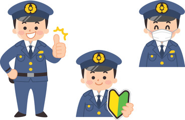 マスクをして働く男性警察官　初心者マークを持つ男性警察官