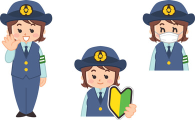 マスクをして働く婦人警官　初心者マークを持つ婦人警官