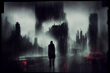 silhouette of a person in the city when it rains