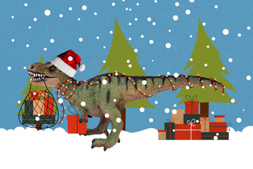 Collage artwork graphics picture of ancient dinosaur delivering xmas presents isolated painting...