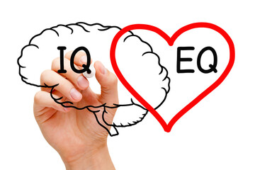 EQ Emotional Intelligence Plus IQ Brain And Heart Concept - obrazy, fototapety, plakaty