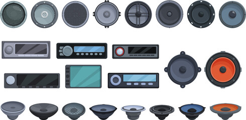 Acoustics for the carmusic icons set cartoon vector. Sound bass. Auto audio - obrazy, fototapety, plakaty