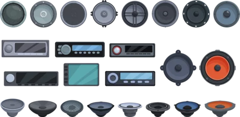 Poster Acoustics for the carmusic icons set cartoon vector. Sound bass. Auto audio © nsit0108