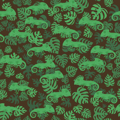 Fototapeta premium Green Chameleon and Monstera Leaves Isolated on Brown Background. Tropical Seamless Pattern.