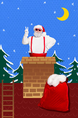 3d retro abstract creative artwork template collage of santa showing v-sign delivering through pipe xmas presents isolated painting background