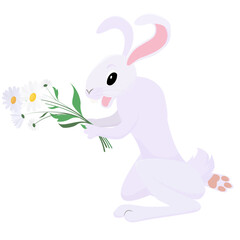 Obraz na płótnie Canvas Rabbit with a bouquet of chamomile flowers kneeling.