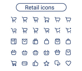 Shopping cart, shopping bag and grocery basket vector icon set. Editable stroke. Webshop small mini line round icons.