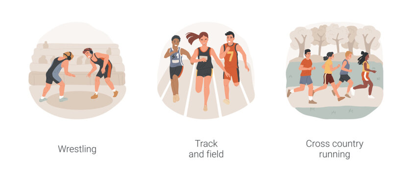 Sport and fitness in high school isolated cartoon vector illustration set. Wrestling high school competition, power training, track and field training, cross country running vector cartoon.