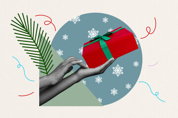 Artwork magazine picture of arms holding packing delivering x-mas present isolated drawing background