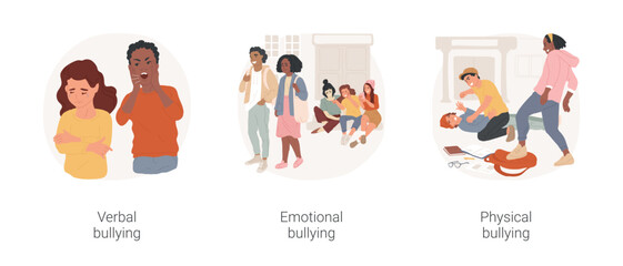 School bullying isolated cartoon vector illustration set. Verbal harassment, emotional bullying problem, whispering behind back physical attack on school child, children fighting vector cartoon.