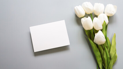 white blank card, white tulip flower on greybackground , top view