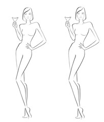 Fashion templates. Croquis. A figure of a woman on a white background and two girls with a martini glass
